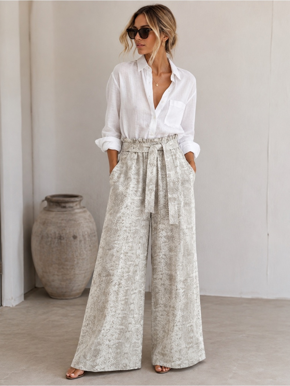 REWASH Linen Blend Snake Print Wide Leg Pants XL | High Rise Paperbag Waist Belt